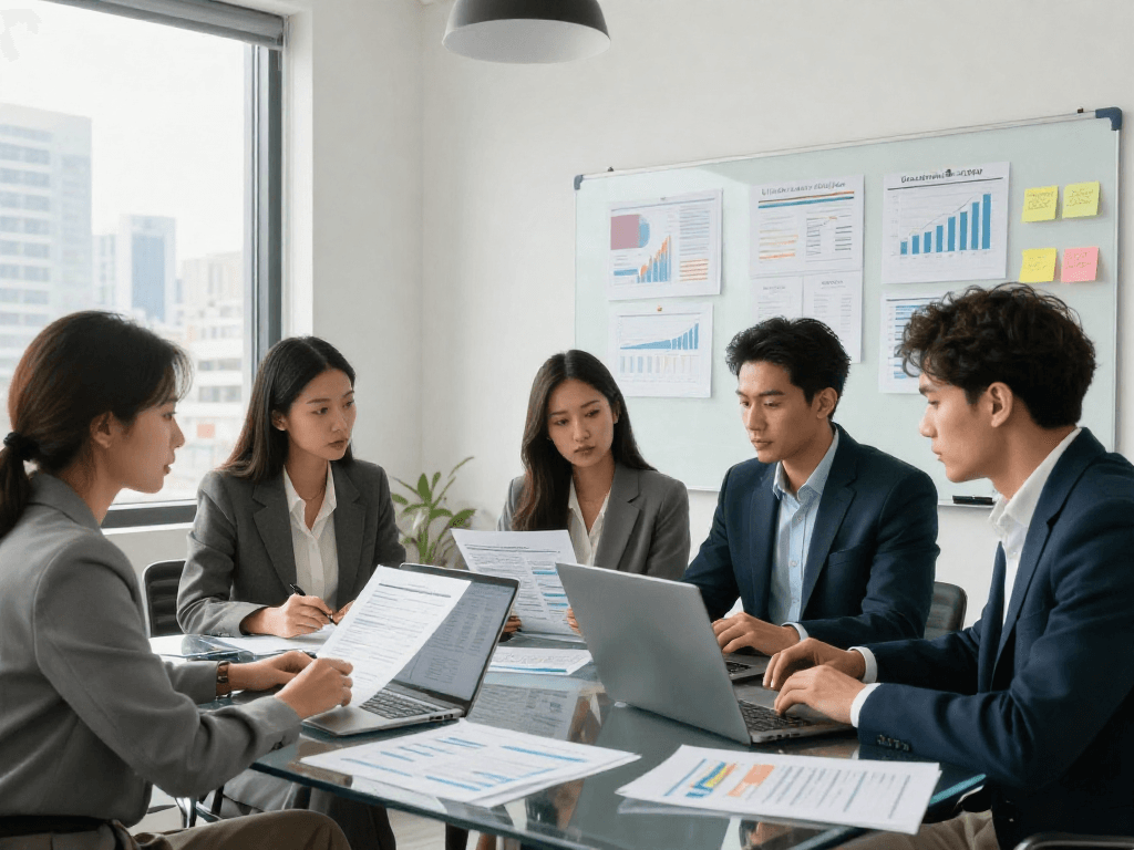 Professionals bespreken zakelijk krediet in een moderne kantooromgeving met grafieken en documenten.