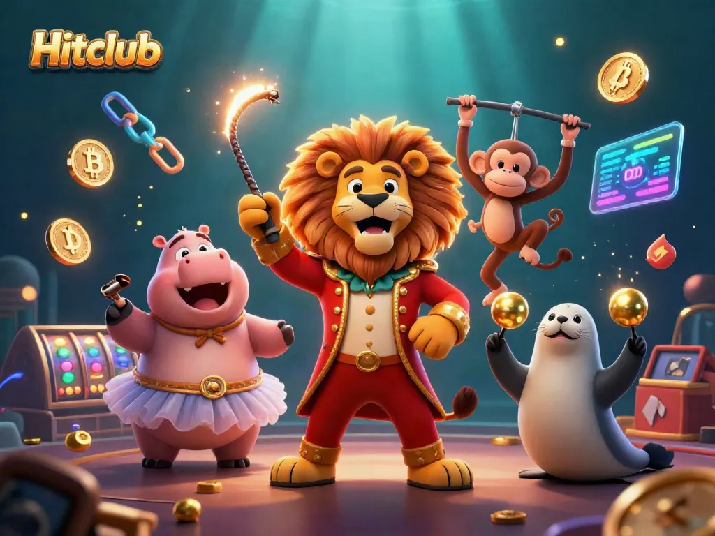 Hitclub circus characters including a lion, hippo, monkey, and seal engaging in vibrant gaming action.