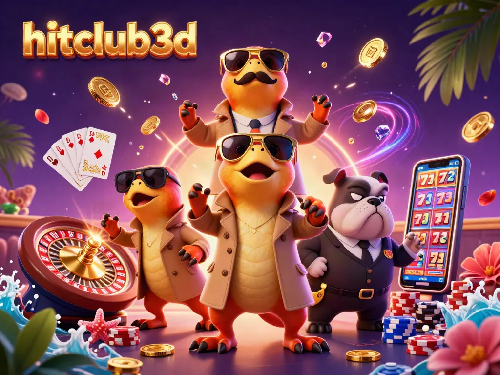 Hitclub3d showcases a whimsical scene of raptors in disguise attempting casino entry, surrounded by dazzling gaming elements.