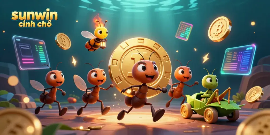 Experience the excitement of sunwin chính chủ with playful ants orchestrating a heist for a giant poker chip in a vibrant digital world.