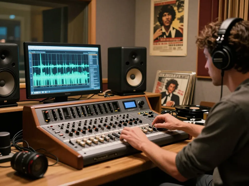 Sound engineer adjusting the DA88 multitrack recorder in a vintage studio.