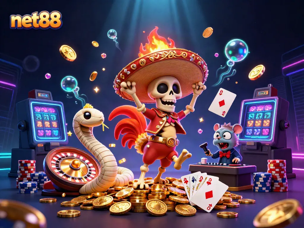 Experience thrilling wins at net88 with a vibrant 3D casino scene featuring dynamic characters and game elements.