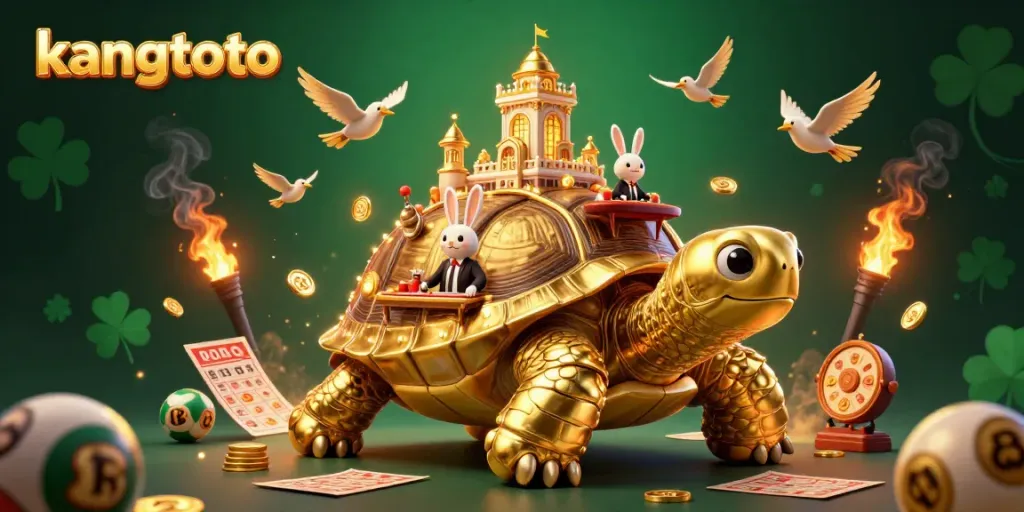 Kangtoto mempersembahkan ilustrasi kasino dengan kura-kura emas dan dealer kelinci, suasana togel yang menarik.