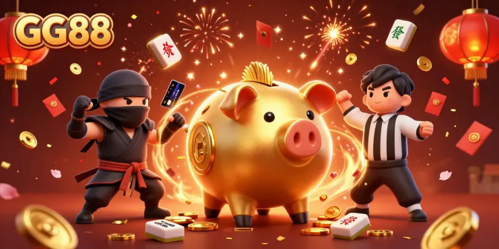 Engage in thrilling gameplay at GG 88, featuring dynamic 3D characters and festive symbols in a vibrant casino atmosphere.