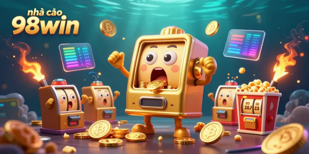 Experience thrilling gameplay at nhà cái 98win with a vibrant slot machine celebrating its jackpot amidst glowing crypto coins and excitement.