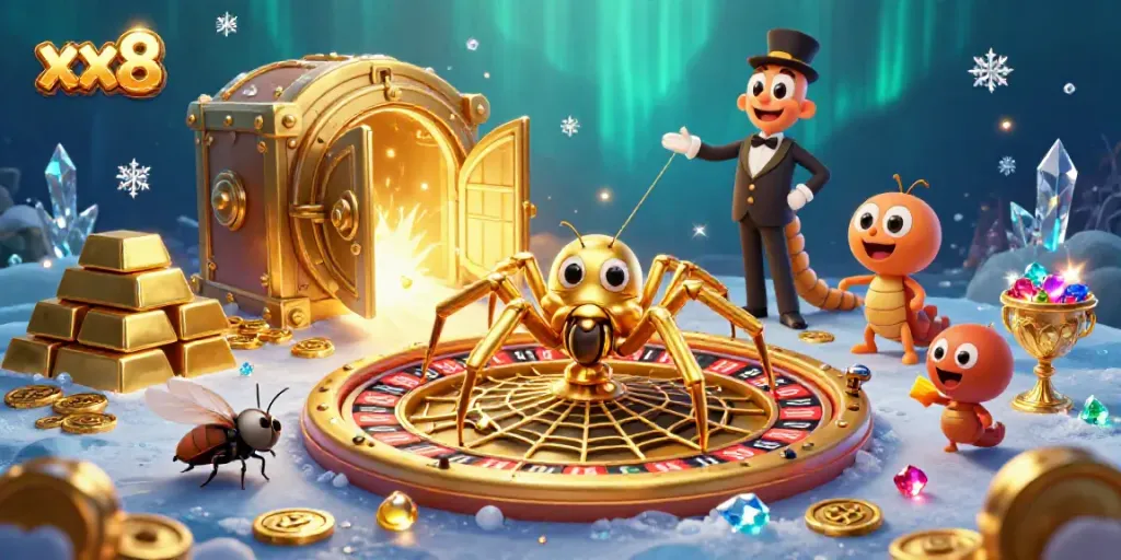 Experience thrilling bets at xx8 on a golden web roulette scene with dynamic characters and rich details.