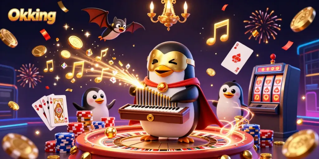 Experience the exciting world of Okking with a vibrant 3D scene showcasing a penguin playing a pipe organ as golden coins cascade around.