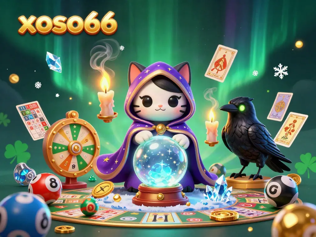 Experience lottery magic with xoso66 as a mystical cat and raven reveal winning numbers in vibrant colors.