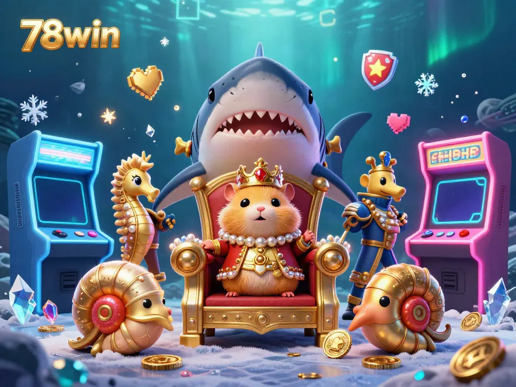 Experience thrilling moments at 78win with a captivating underwater casino scene featuring a golden hamster king, arcade games, and sparkling treasures.