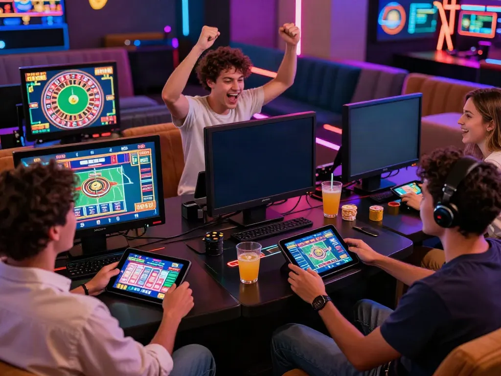 Exciting gaming moment at https://hitclub3.io/ with friends enjoying vibrant online casino experience in a modern lounge.