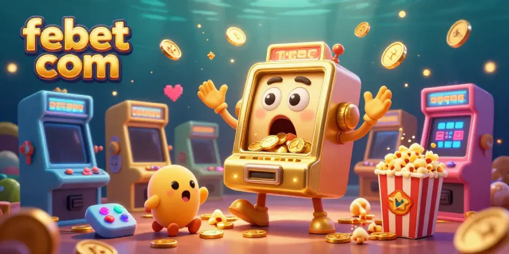 Experience the excitement of febet com as cartoon slot machines celebrate a jackpot with coins flying in a vibrant casino setting.