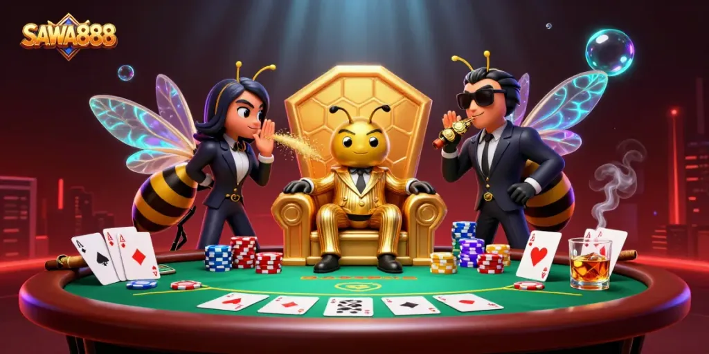 SAWA888 showcases vibrant casino scene with a cartoon mob boss, poker elements, and luxury effects
