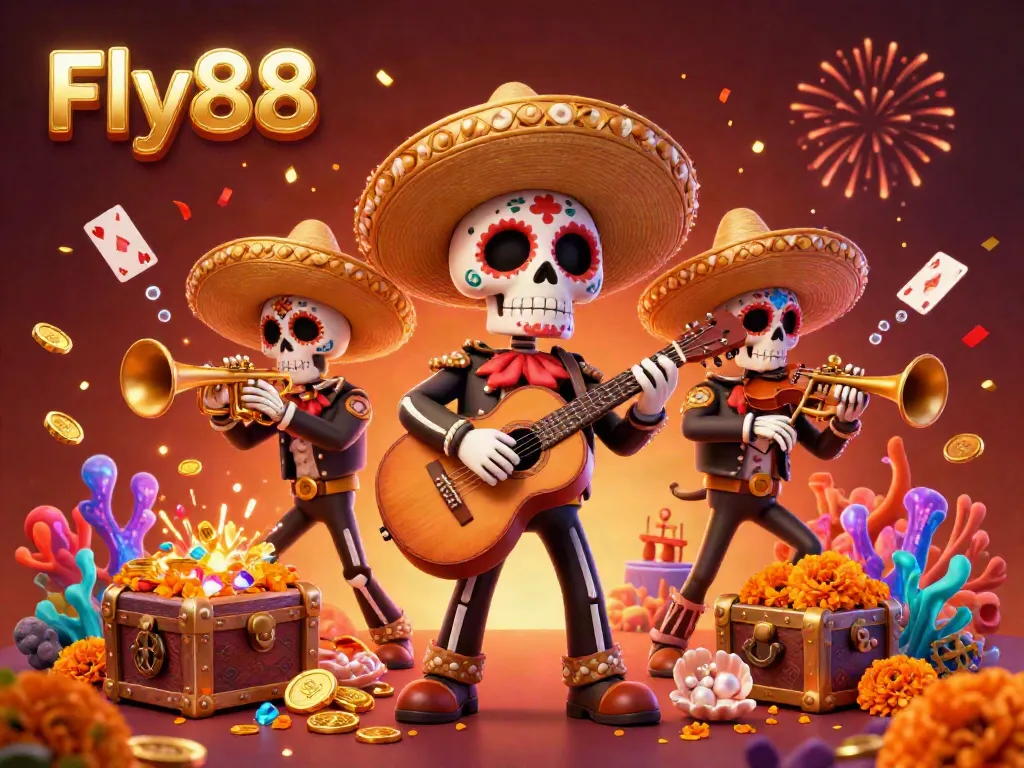 Fly88 celebrates winning chances with lively mariachi band amid gold and gems in a casino setting.