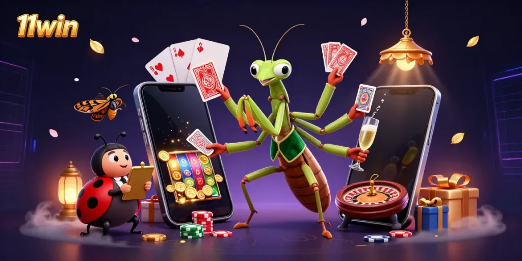 11win's dynamic casino scene showcases a praying mantis card sharp and ladybug pit boss captivatingly engaged with vibrant game elements.