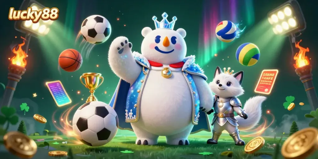Experience the thrilling world of lucky88 with a vibrant casino scene featuring polar bear royalty, sports elements, and dynamic energy.