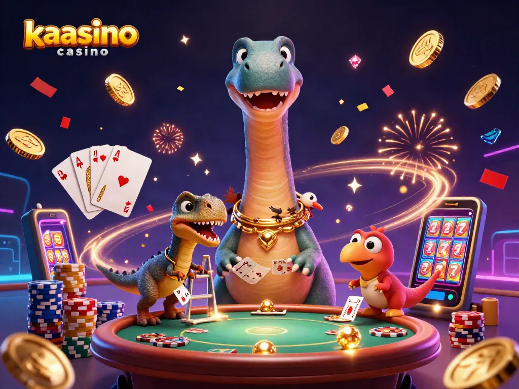 Experience the excitement at kaasino casino with a lively dino dealer in a vibrant scene.