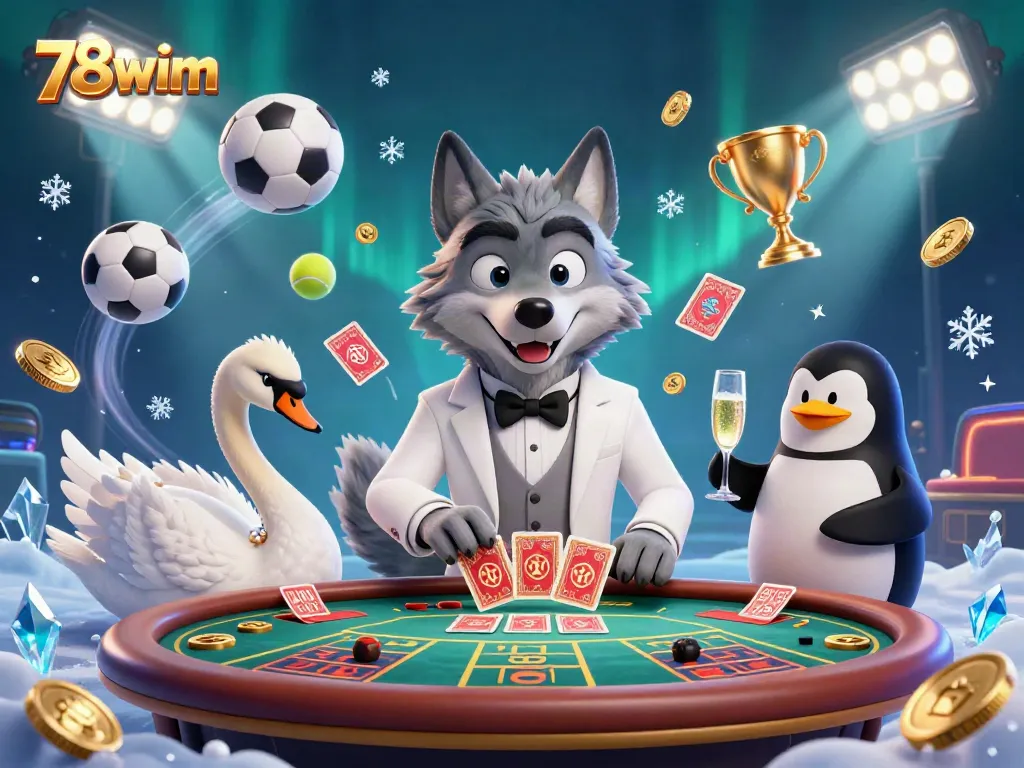 Experience the thrilling world of 78wim with a lively casino scene featuring dynamic characters and sports elements.