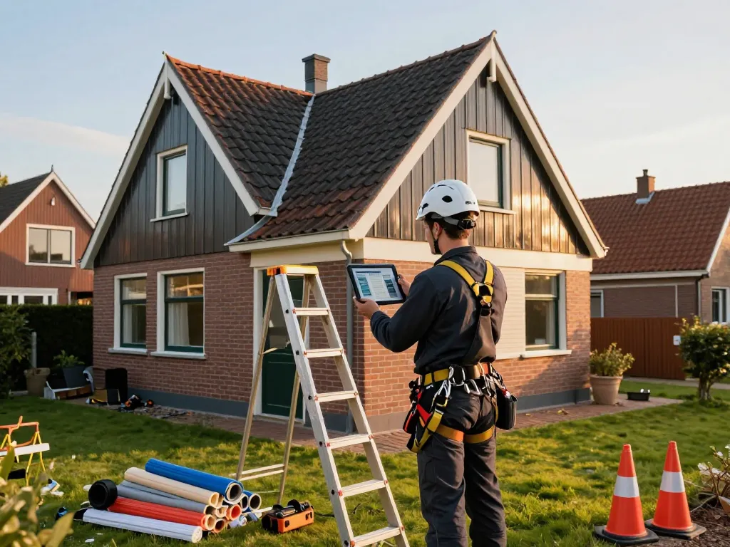 Professionele dakdekker in Utrecht inspecteert een residentieel dak met gereedschap in een gezellige buurt.