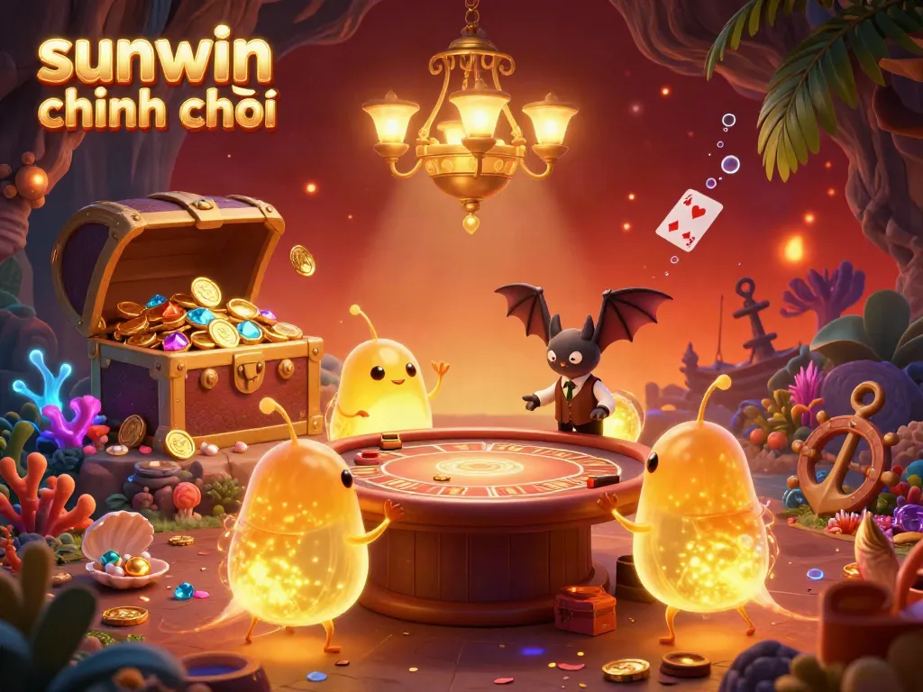 Experience the excitement at sunwin chính chủ with vibrant glowworms lighting a dynamic casino scene filled with treasures.