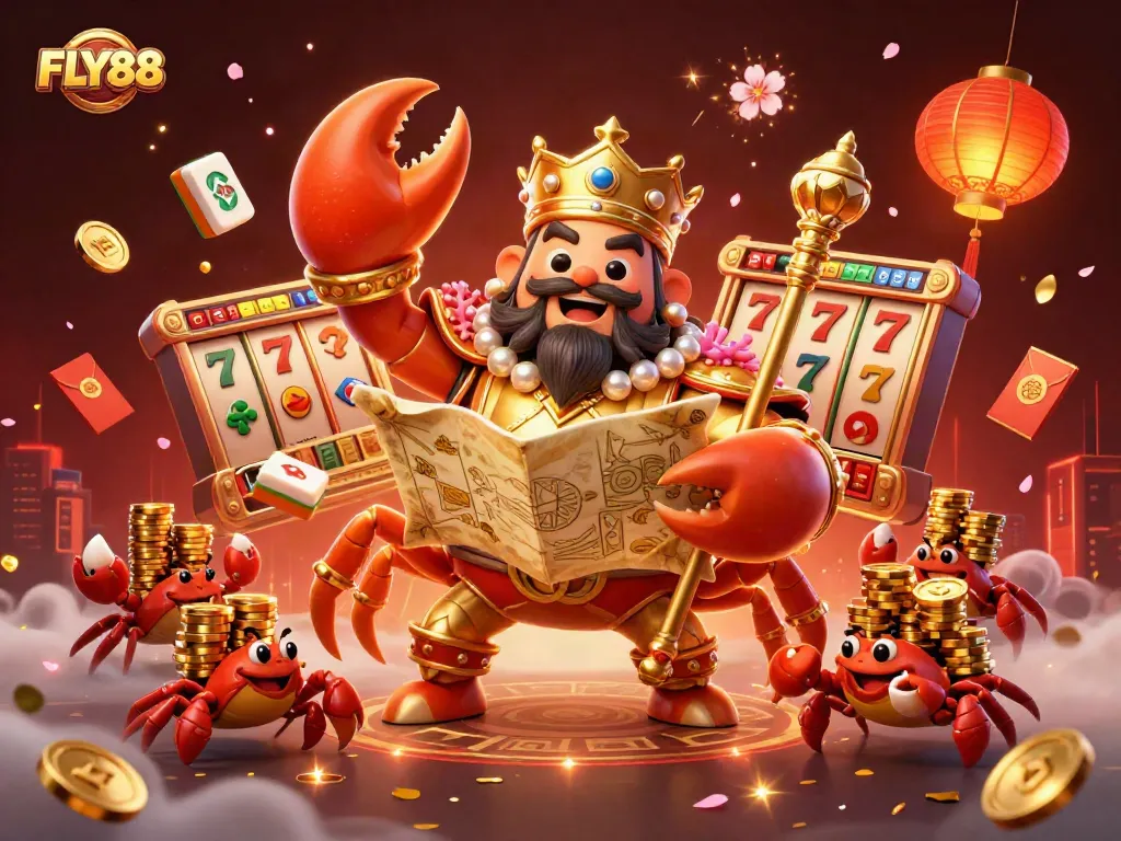 Join FLY88's vibrant online casino scene with a golden crab emperor surrounded by slots and festive elements, enhancing the gaming experience.