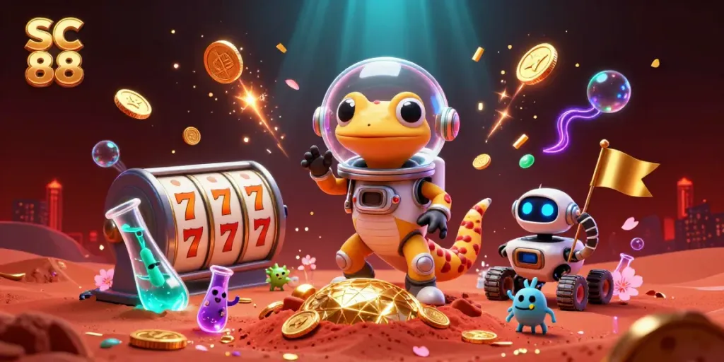 Experience SC 88 as the Martian gecko encounters a vibrant casino, celebrating winnings with thrilling elements.
