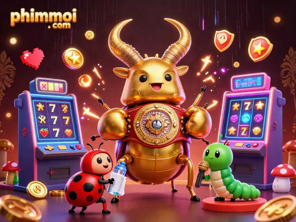 Engage with phimmoi . com in this vibrant 3D illustration featuring a boxing beetle in a casino setting.
