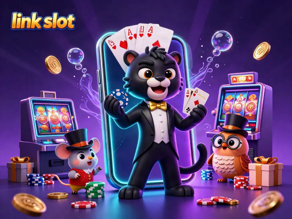 Engaging scene of characters celebrating wins at a 'link slot' game with vibrant casino elements and joyful ambiance.