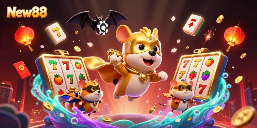 Experience the thrill of New88 with a lively 3D casino scene featuring a superhero dog and hamster amidst slot reels and festive decorations.