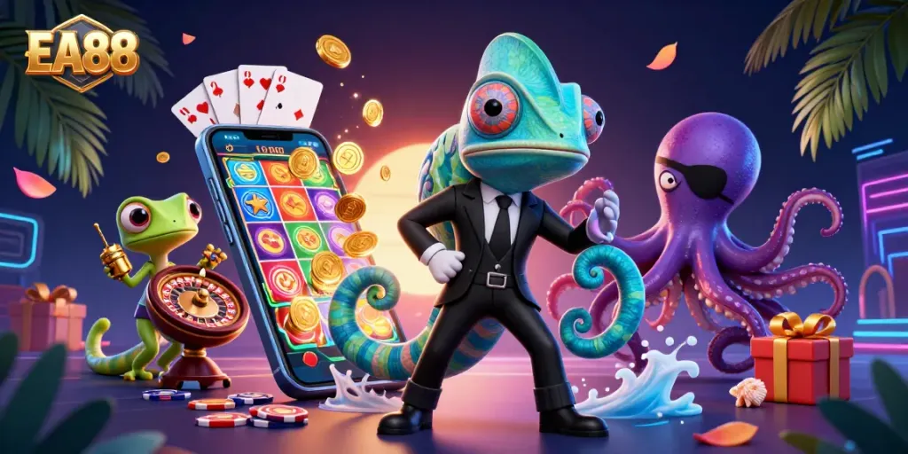 Engage in thrilling gambling action with EA88 featuring colorful slot games and dynamic characters.