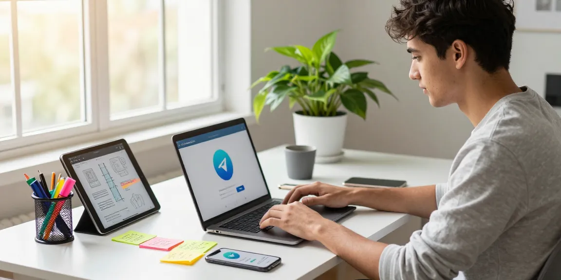 Download Telegram on a stylish MacBook in a modern workspace filled with creative elements.