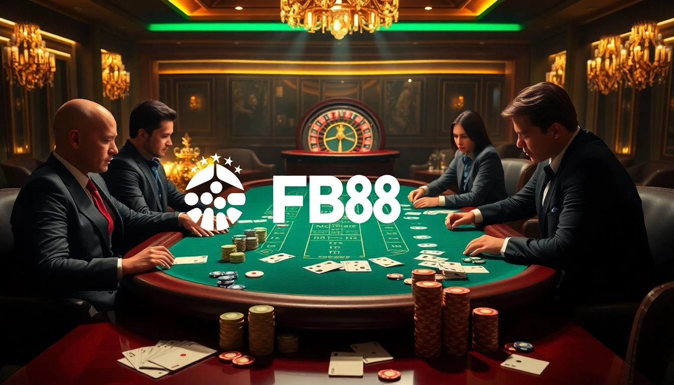 Experience high-stakes excitement at FB88 with poker chips and a roulette wheel in a luxurious casino.