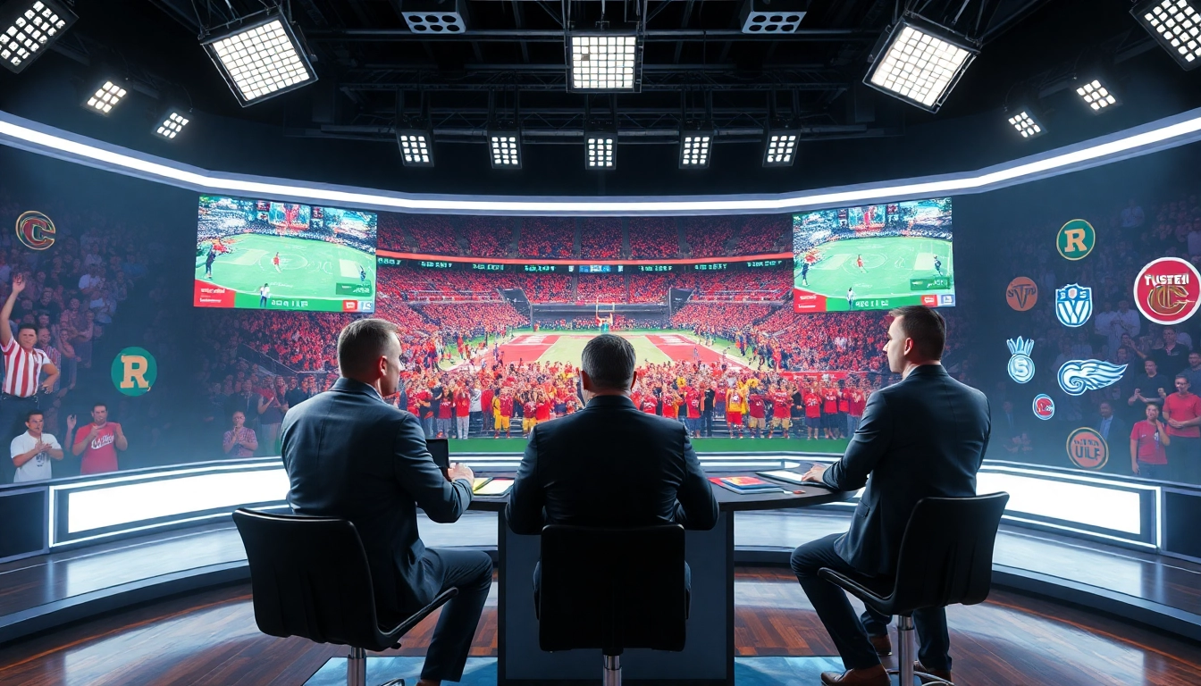 Dynamic sports broadcasting scene with commentators in a modern studio setup.