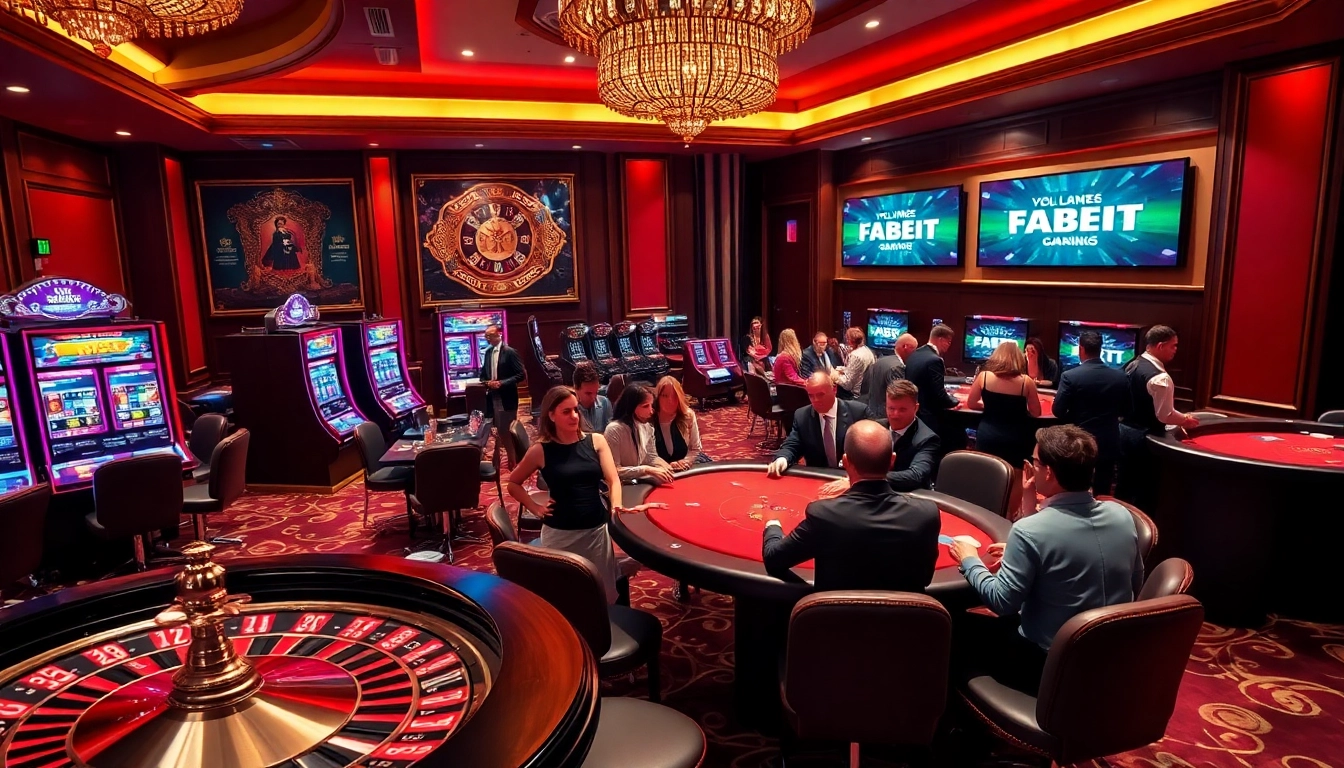 Experience an exciting FABET casino atmosphere with modern slot machines and engaging players.