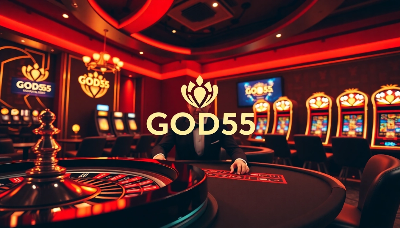 Players enjoying a thrilling moment at GOD55 casino, showcasing poker chips and roulette wheels.