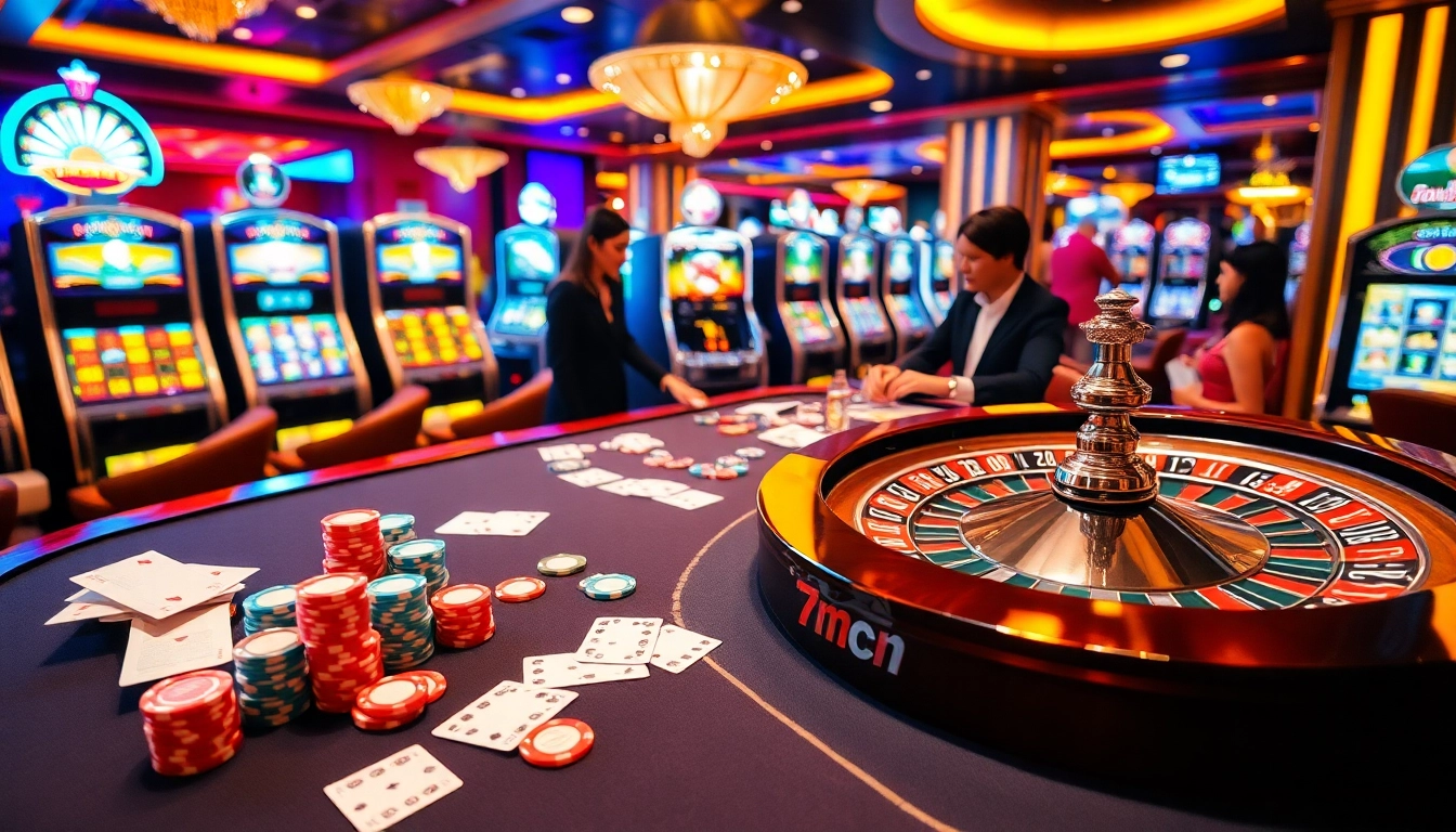 Engaging casino scene with 7mcn-themed gambling elements like poker chips and roulette wheel.