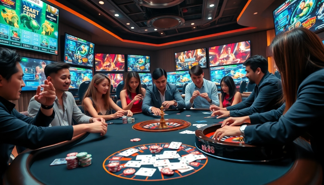 Engaging scene of players enjoying the nk88 app while gambling at a casino table.