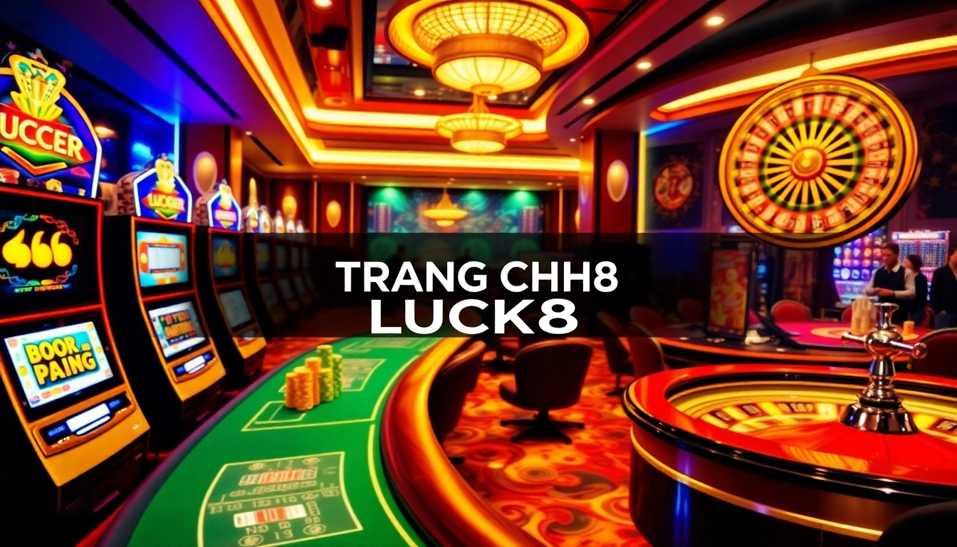 Experience the excitement of TRANG CHỦ LUCK8 with vibrant casino visuals showcasing online gaming thrills.