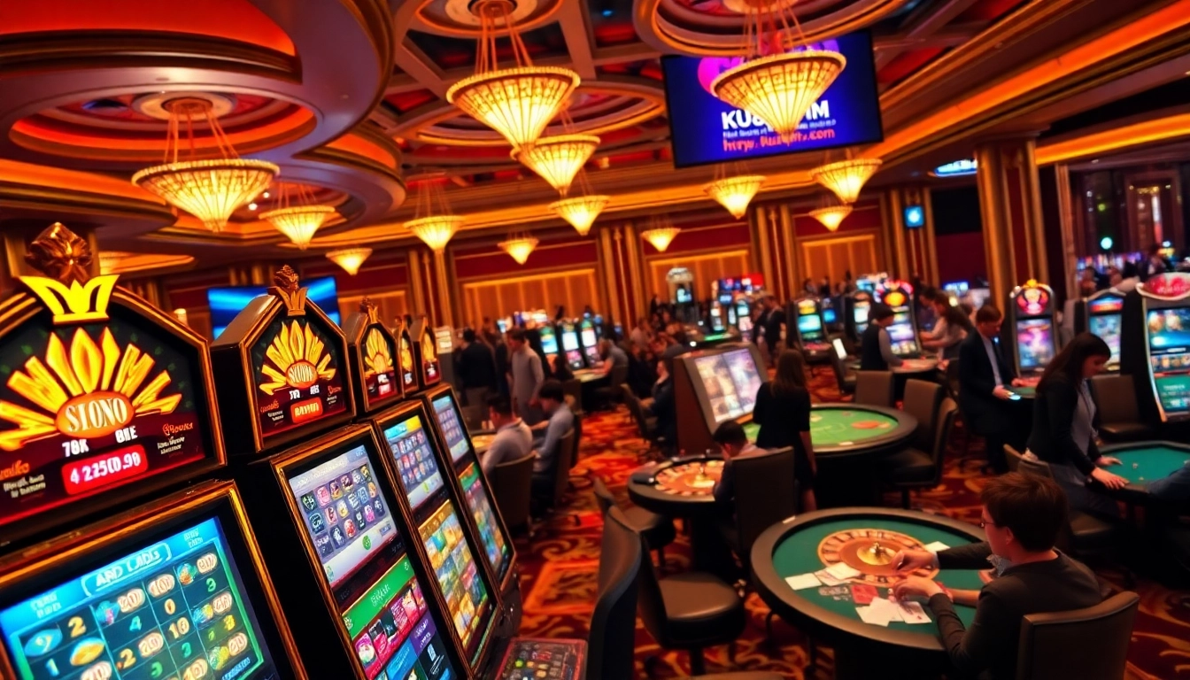 A luxurious casino scene with players engaged in various games, highlighting the vibrant atmosphere of https://ku88m.com/ and thrilling gambling action.