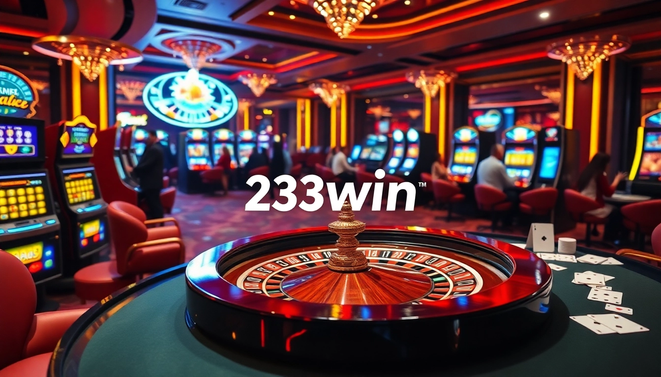 23win showcases an exciting casino scene with roulette and slot machines, highlighting a professional gaming environment.