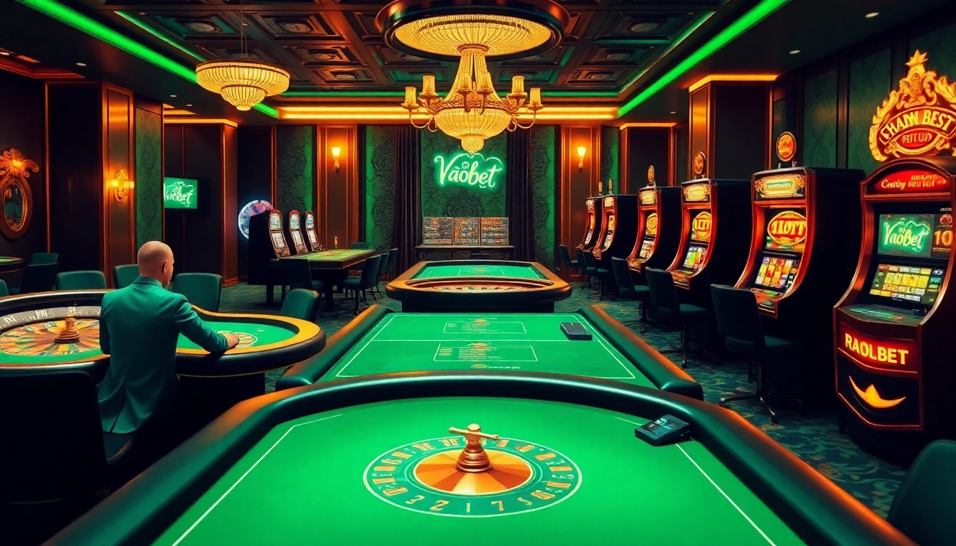 Engage with https://vaobet.co.bz/ in a luxurious casino environment featuring poker tables and slot machines.