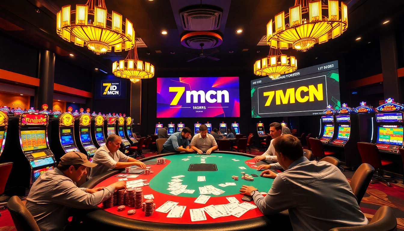 Experience high-stakes poker at 7mcn with vibrant casino tables and thrilling slot machines.