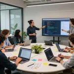 Collaborative team working with juicy ai technology in a modern office environment