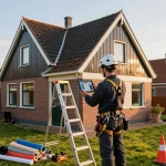 Professionele dakdekker in Utrecht inspecteert een residentieel dak met gereedschap in een gezellige buurt.