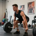 Prime Pharma Steroiden showcased in a gym scene with a bodybuilder performing deadlifts