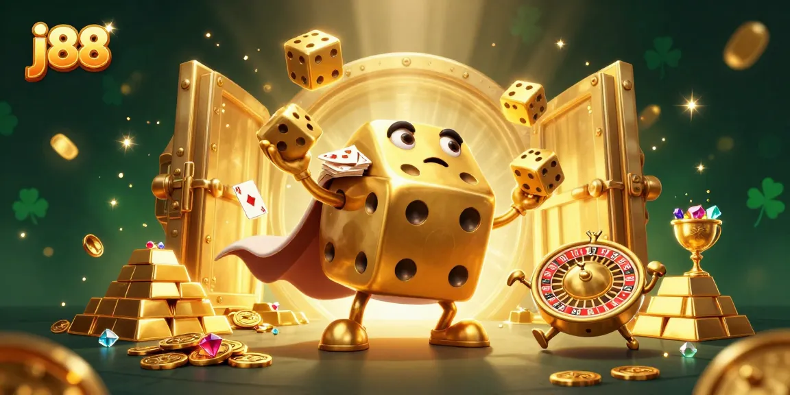 Experience the thrill of gaming with j88's dynamic casino-themed illustration, featuring golden dice and treasures.