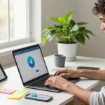 Download Telegram on a stylish MacBook in a modern workspace filled with creative elements.