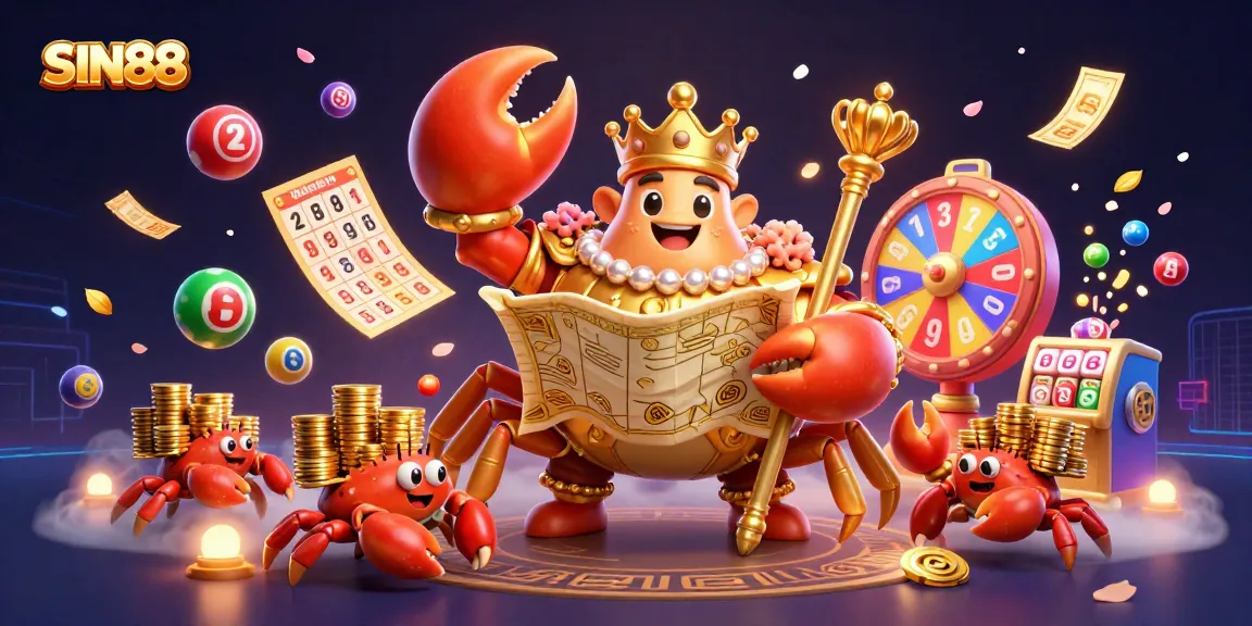 Experience thrilling games at SIN88 with a golden crab emperor and vibrant casino elements.