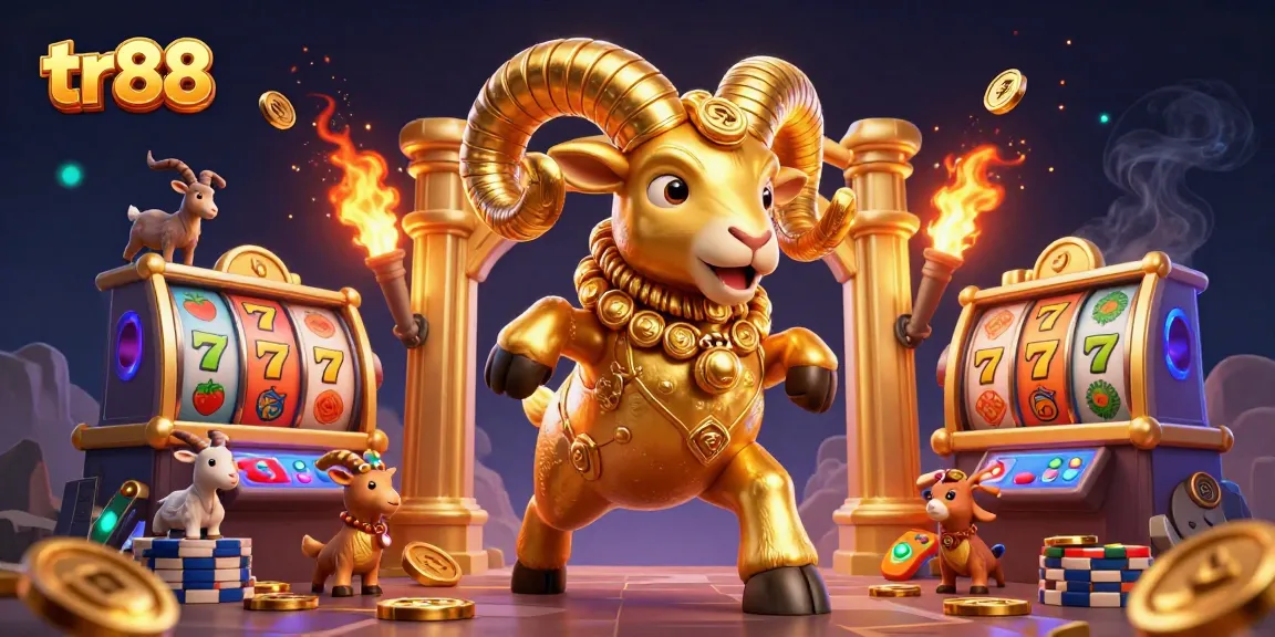 Experience the thrill of the tr88 slots with golden rams and vibrant gaming elements in a dynamic casino scene.