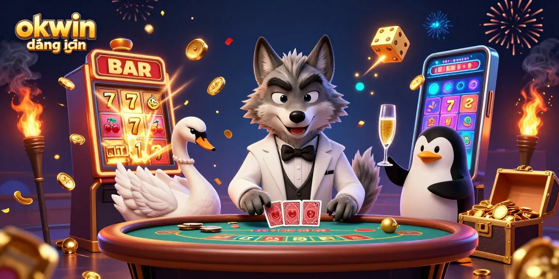 Join the action at okwin đăng nhập with a vibrant casino scene featuring a debonair wolf and elegant swan.