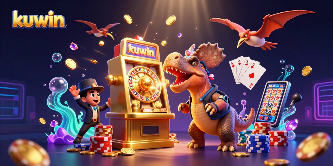Kuwin captures excitement with a pachycephalosaurus winning at a slot machine while gemstones fly around.